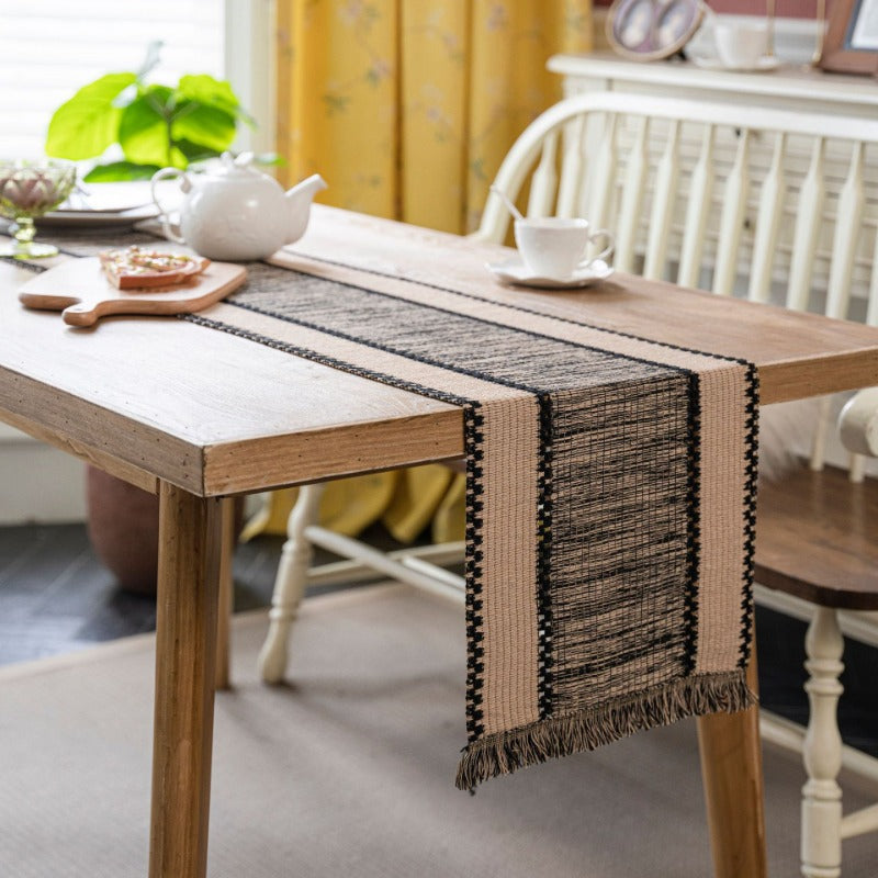 Woven Cotton-Linen Table Runner with Color Contrast Stitching and Tassels