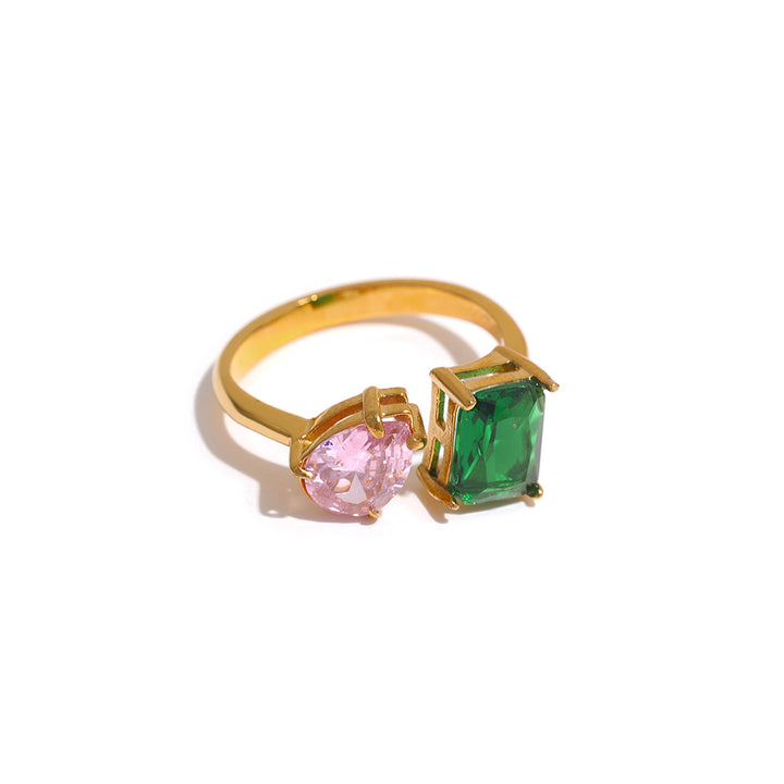 Waterproof Adjustable Open Ring with Pink and Green Cubic Zirconia