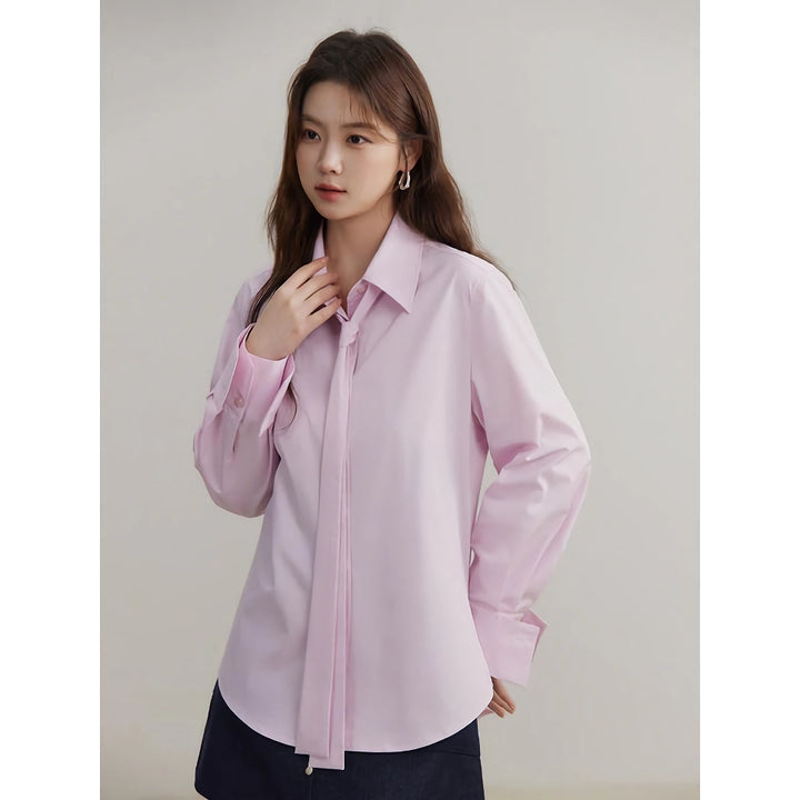 Elegant Egyptian Cotton Long-Sleeved Blouse with Detachable Ribbon