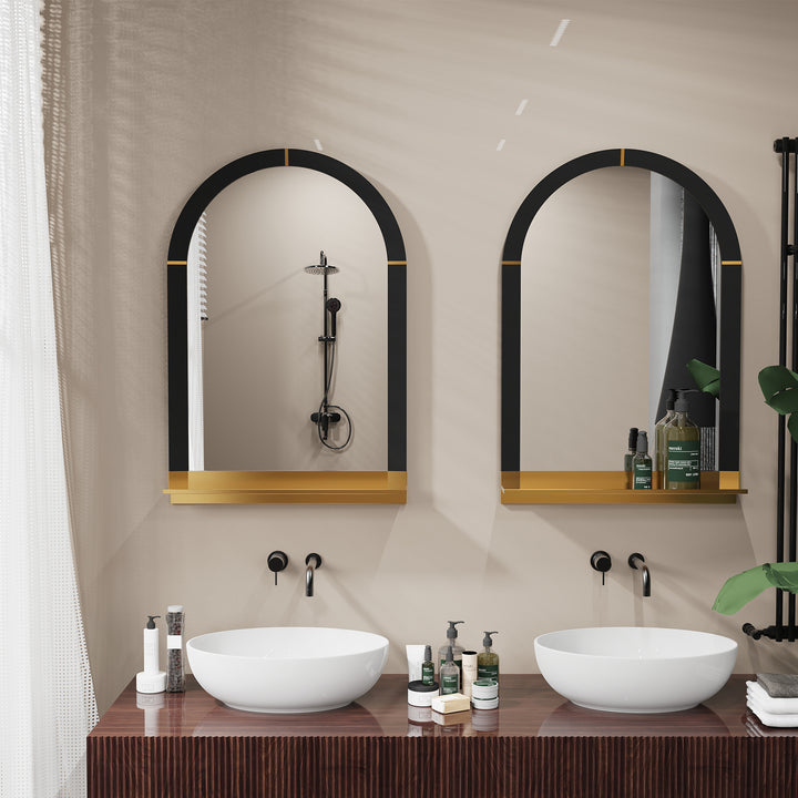 Arched Black and Gold Wall Mirror with Decorative Shelf