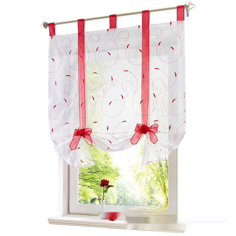 Embroidered Pastoral Adjustable Curtain Rod Ribbon Roman Window Screen