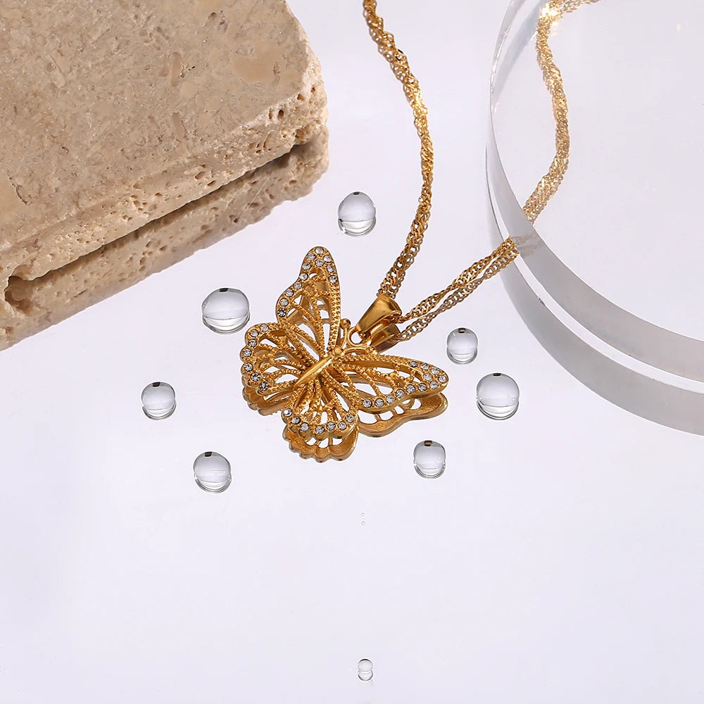 18K Gold Plated Butterfly Pendant Necklace with Zircon Crystals