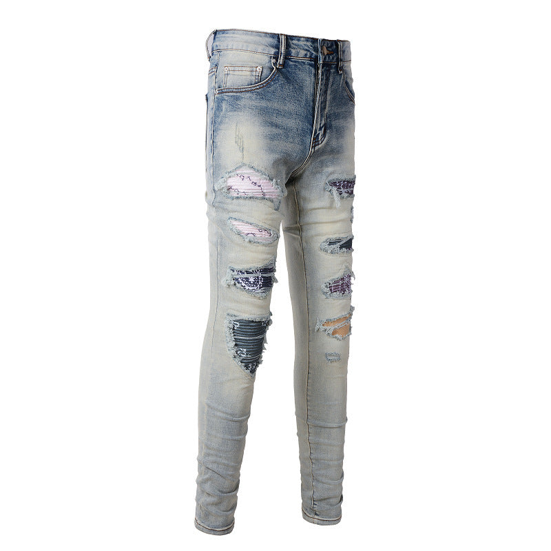 Men's Broken Holes Pants High Street Fashion Brand Patch Beggar Knee-exposed Jeans