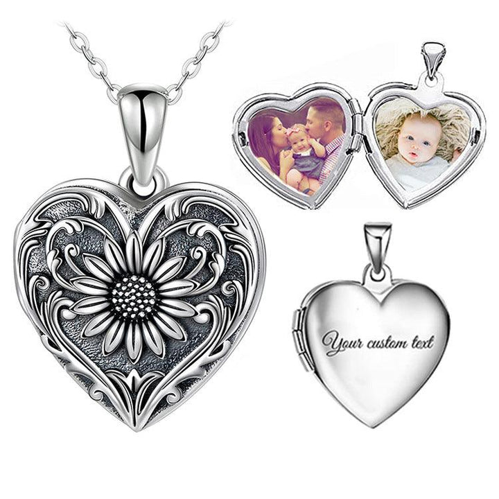 Double-sided Photo Couple Pendant Sunflower Carved Peach Heart Engraved Word Necklace - Trendha