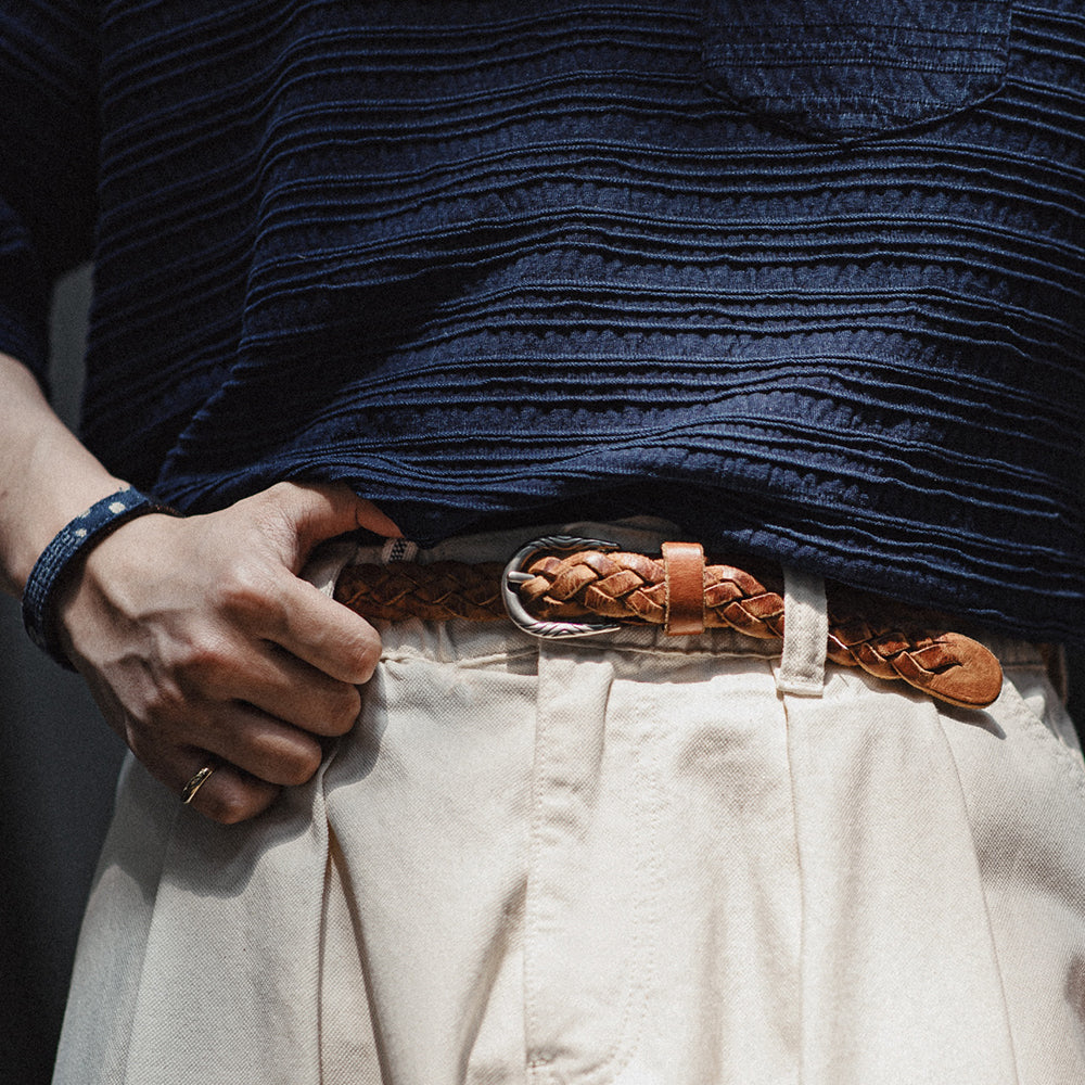 Vintage Woven Vegetable Tanned Cowhide Leather Belt - Men's Versatile Brown Belt