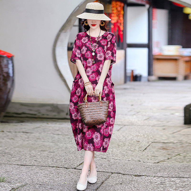 Women's Casual Versatile Cotton And Linen Floral Dress