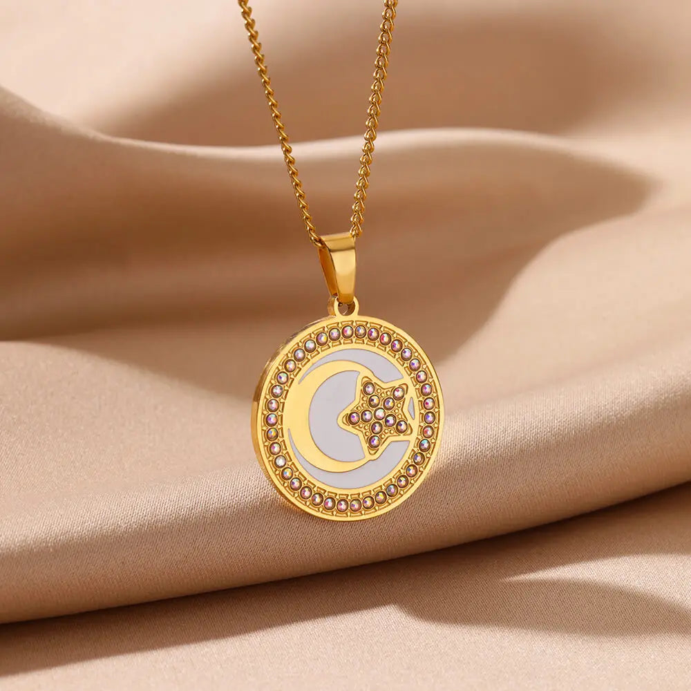 Gold Moon Pendant Necklace with Cubic Zirconia – Trendy Stainless Steel Jewelry