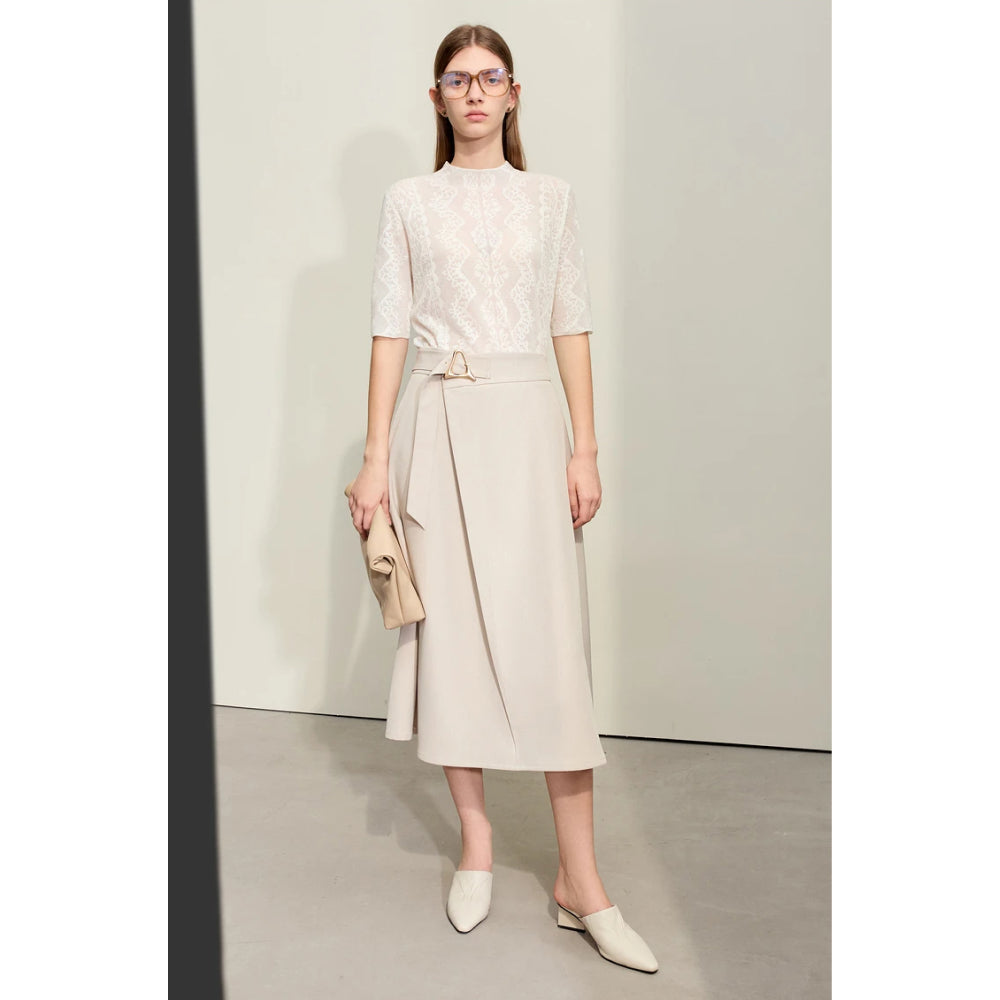 Trendy Office Lady A-line Loose Skirt with Geometric Buckle Belt