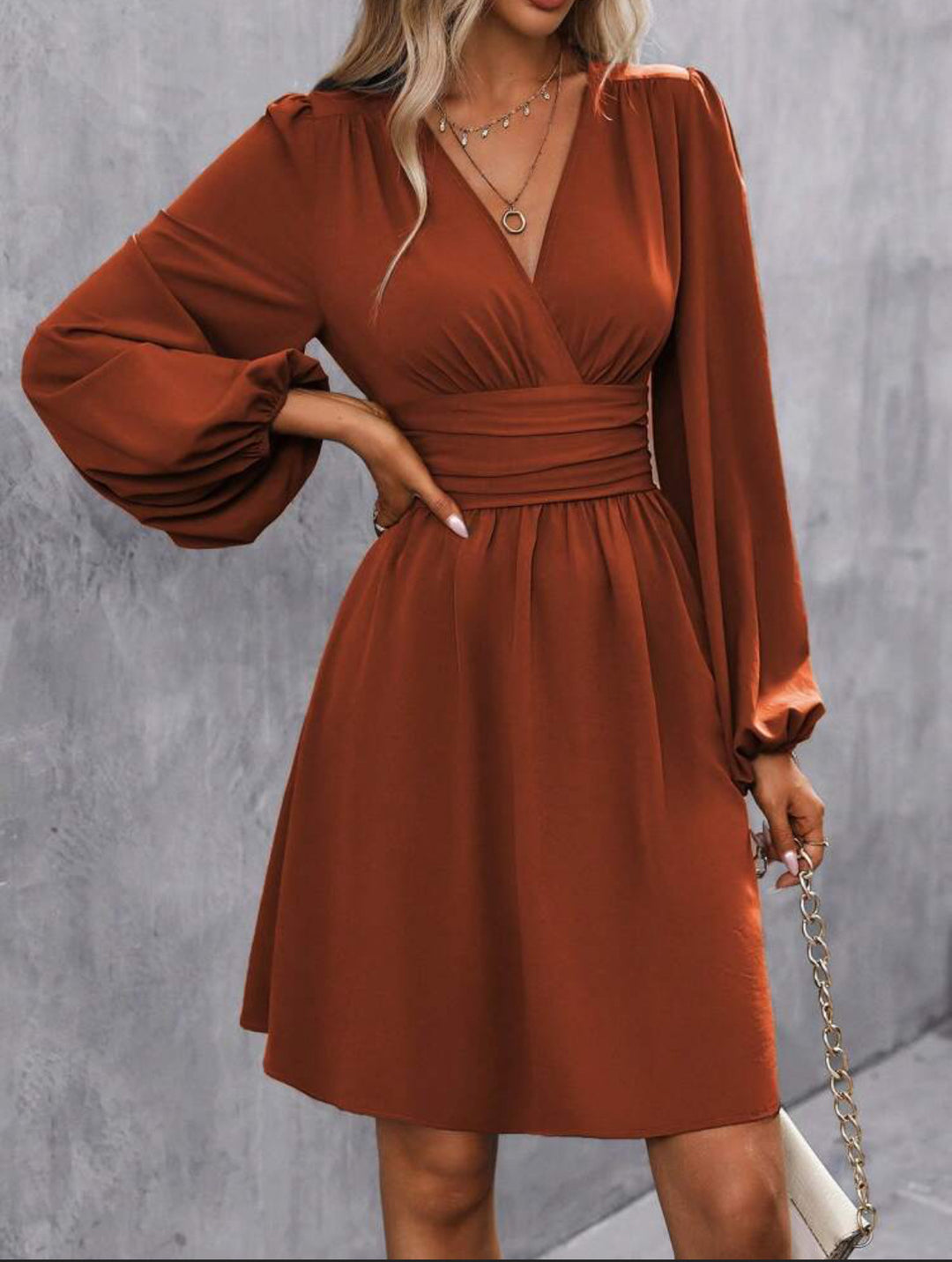 Foreign Trade Amazon Solid Color Chest Wrap V-neck Lantern Sleeve Dress