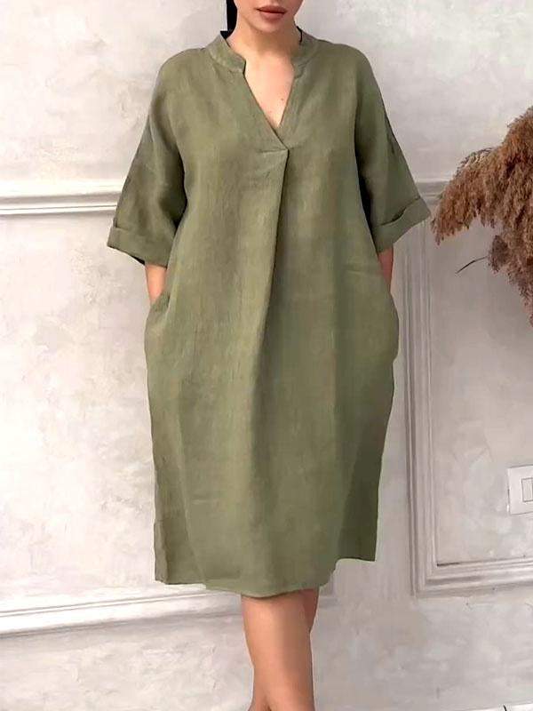 Fashion Cotton Linen Women V-neck Loose Plus Size Dress