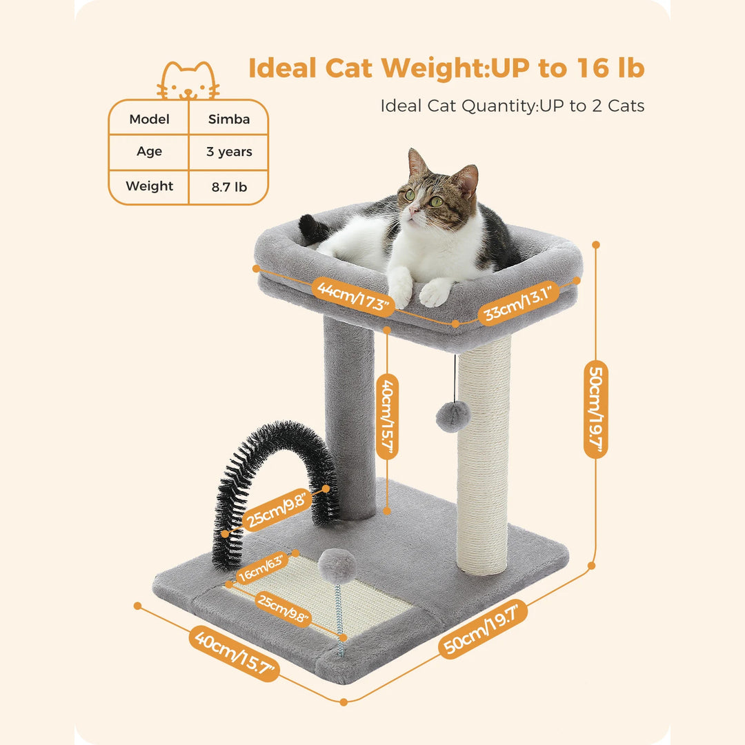 50CM Small Cat Tree with Large Perch, Sisal-Covered Scratching Post, and Self-Grooming Brush