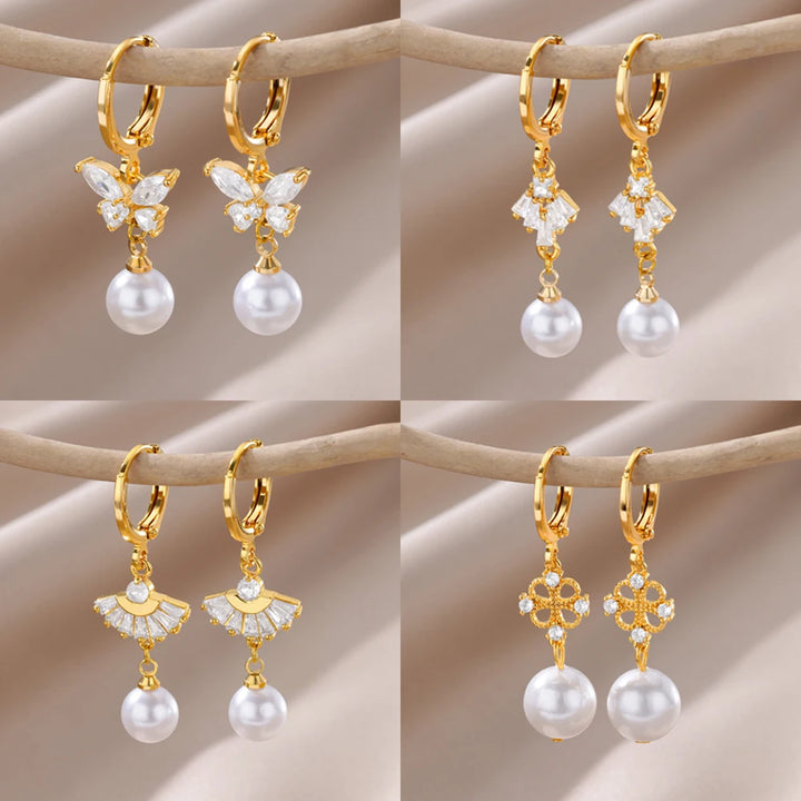 Butterfly Imitation Pearl Dangle Earrings - Trendy Stainless Steel Jewelry