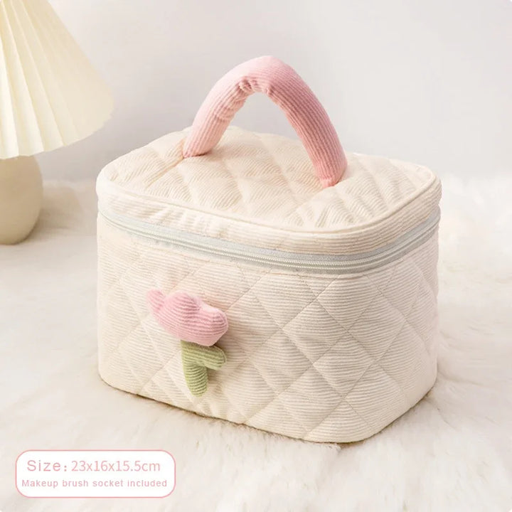 Fashion Women's Tulip Flowers Corduroy Cosmetic Bag