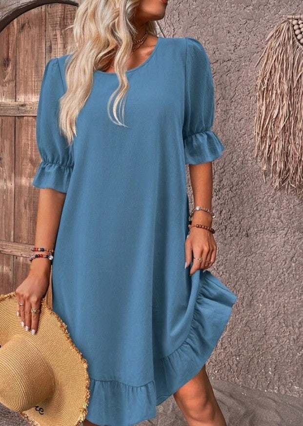 Fashion Ruffle Short-sleeved Dress Summer Solid Color Round Neck Loose Straight Dresses Womens Clothing