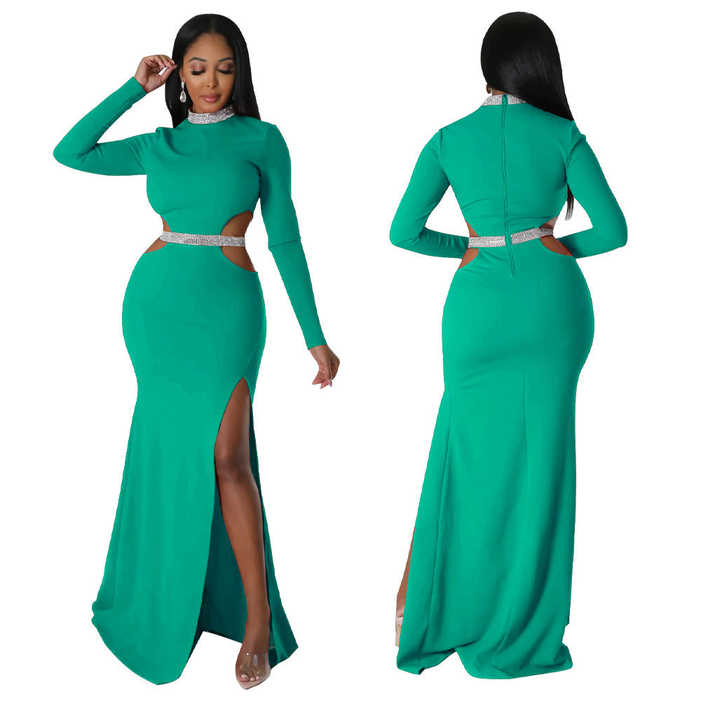 Fashion Women's Wear Sexy Waist Hollow-out Split Dress Solid Color