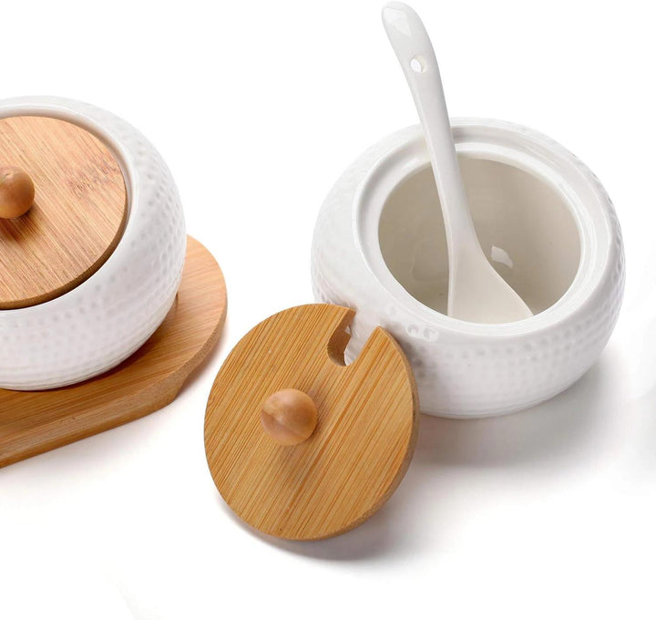 Elegant Ceramic Storage Jar Set with Bamboo Tray