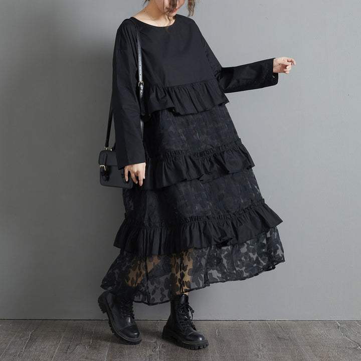 Plus Size Black Lace Stitching Long Sleeve Loose Retro Dress