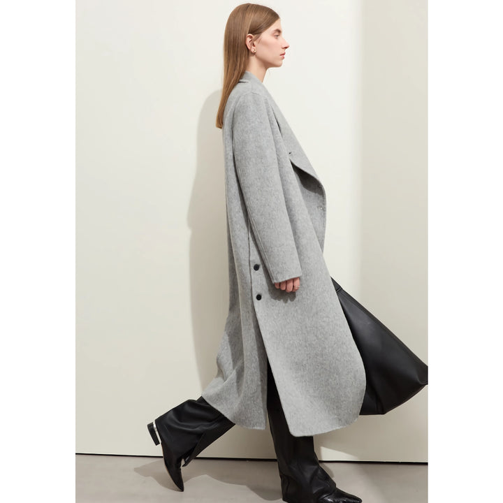 Minimalist Woolen Coat for Women with Stand Collar and Slit