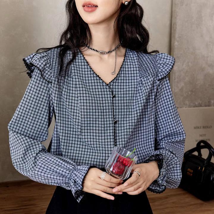 Plaid Ruffle Sleeve V-Neck Blouse