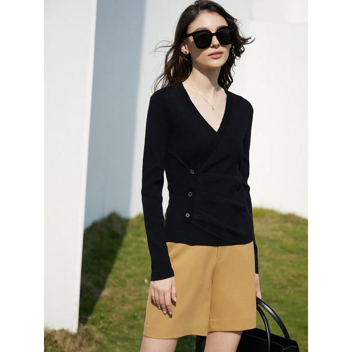 Spring Slim V-Neck Shirred Women's Sweater