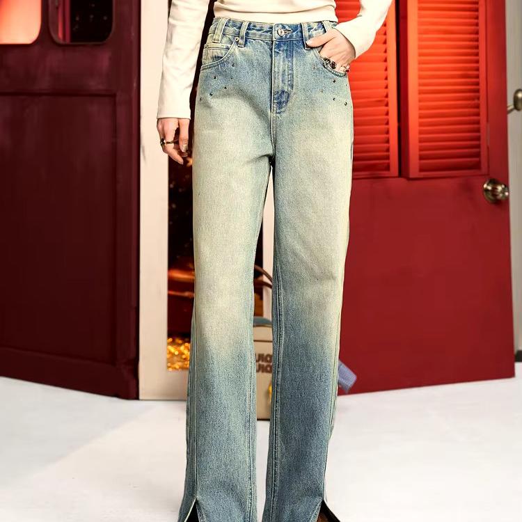 Washed Blue Retro Casual Color Diamond Split Straight Jeans for Women