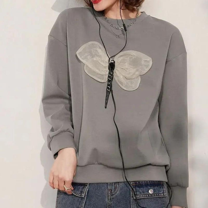 Spring Long Sleeve Sweatshirt with 3D Dragonfly Decoration