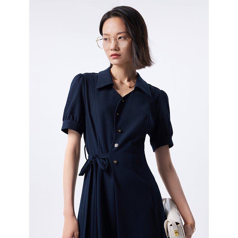 Elegant Navy Dress with Lace-Up Waistband