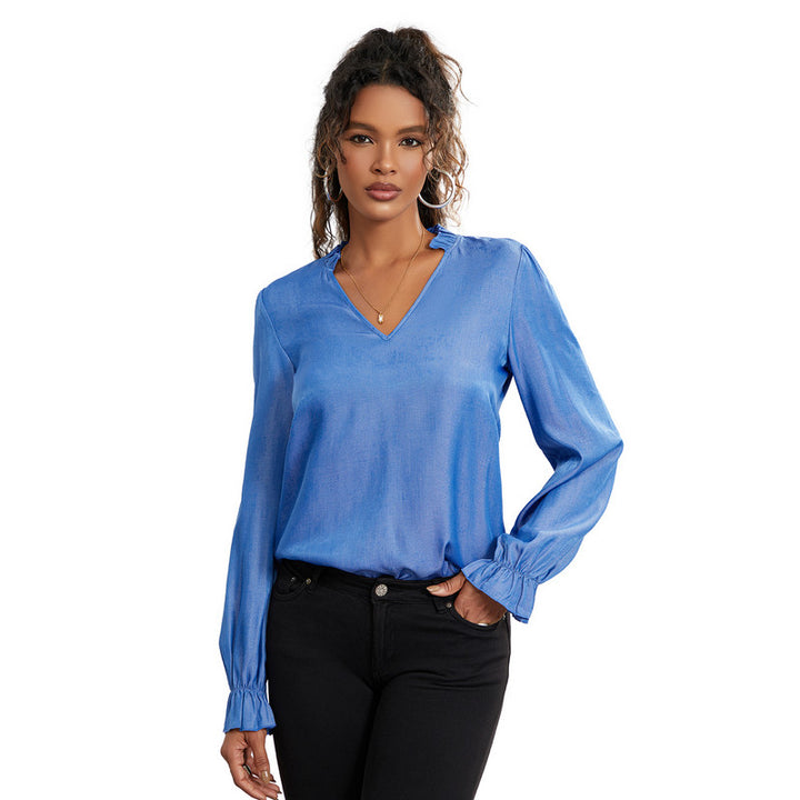 Elegant V Neck Long Sleeve Frill Top for Office Ladies