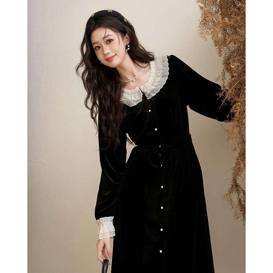 Elegant Women's Velvet Button Down Dress for Autumn/Winter