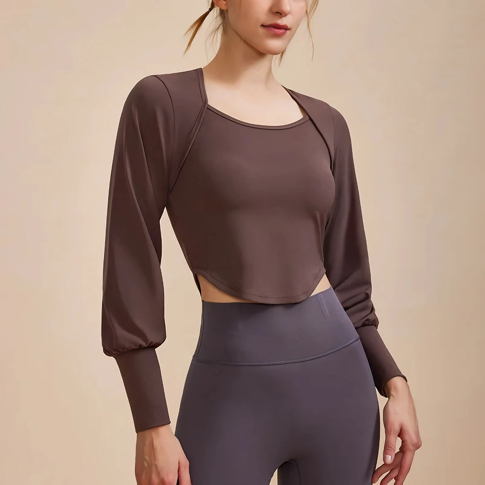 Women’s Retro Long Sleeve Yoga Shirt - Sporty Two-Piece Look Fitness Top