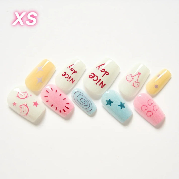 10-Piece Cute Cat & Star French Tip Press-On Nails - Glossy Gradient Full Cover Nails