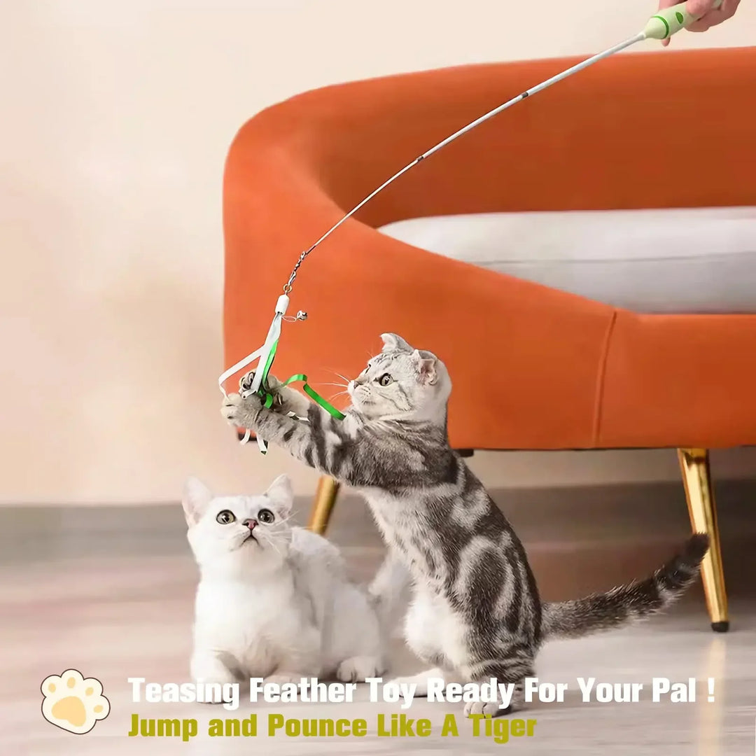 Interactive Retractable Cat Toy with Laser, Feather Teaser, and Telescopic Wand for Cats