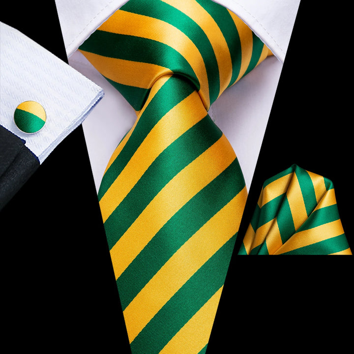 Yellow & Green Striped Silk Necktie Set for Men – Tie, Handkerchief, Cufflinks