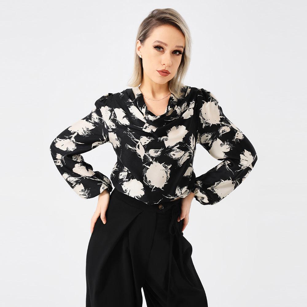 Elegant Ladies Print Front Drop Collar Blouse - Trendha