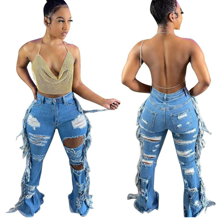 European And American Distressed Washed Tassel Jeans - Trendha