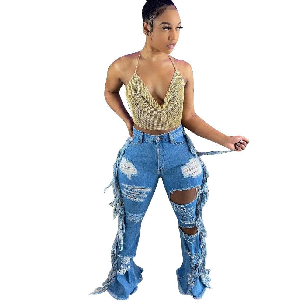European And American Distressed Washed Tassel Jeans - Trendha