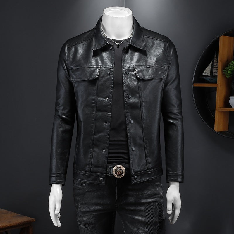 Men's Long-sleeved Lapel Motorcycle Pu Handsome Leather Coat