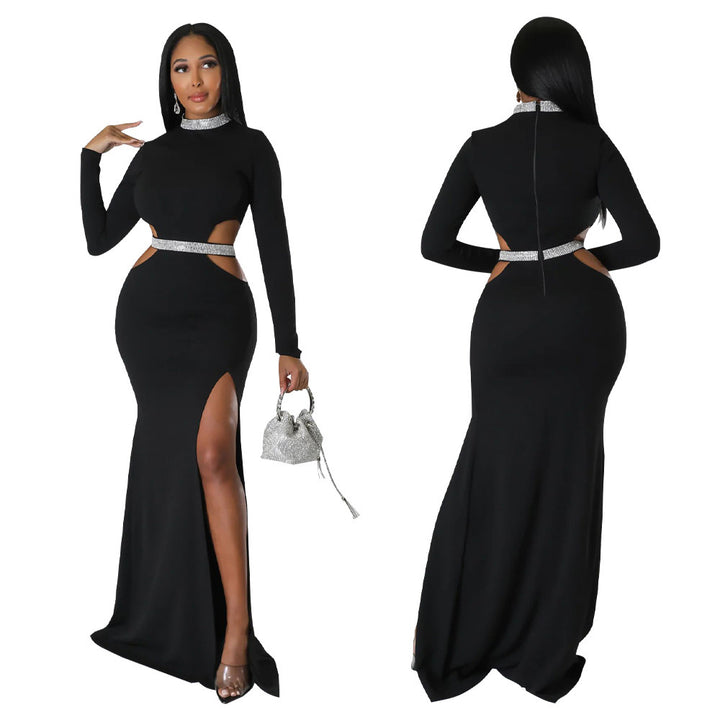 Fashion Women's Wear Sexy Waist Hollow-out Split Dress Solid Color