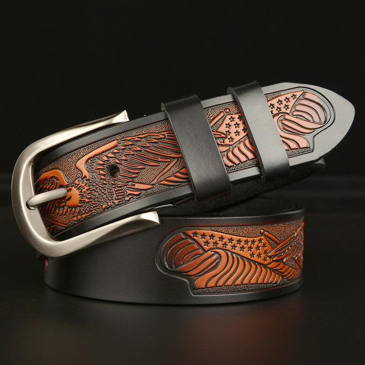 Men's Retro Cowhide Leather Belt with Eagle Carving