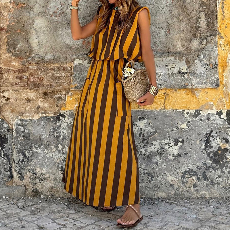 Striped Printed Mid-length Sleeveless Dress