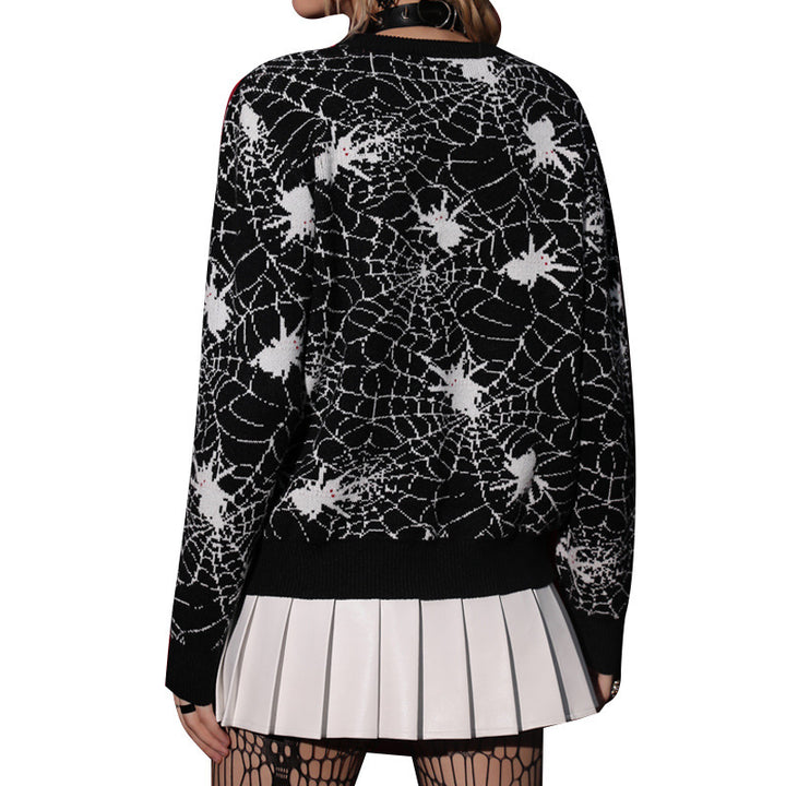 Black Spider Halloween Costume Round Neck Loose Sweater