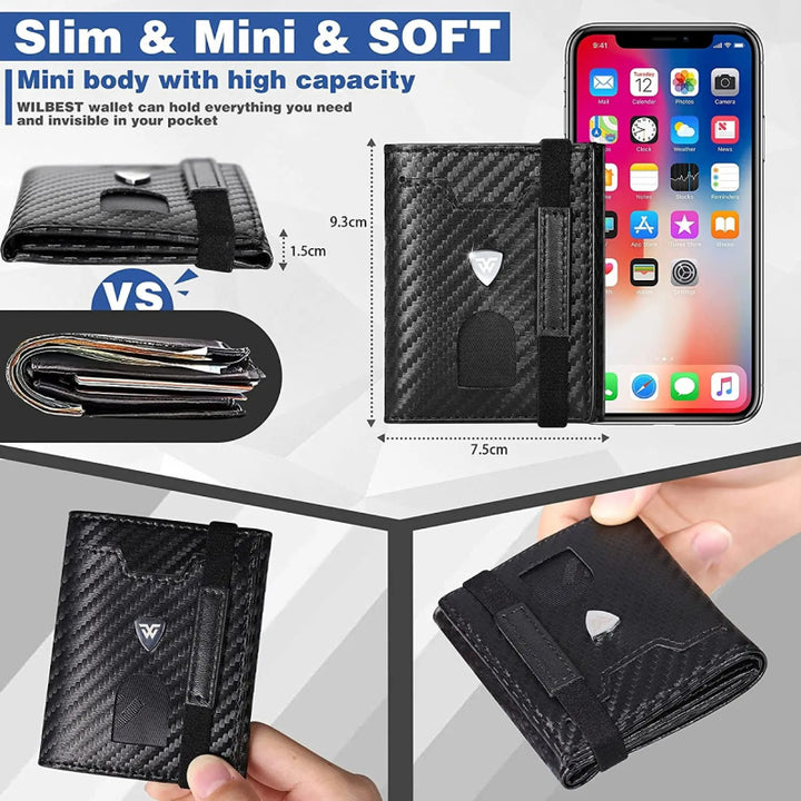 Slim Carbon Leather Wallet RFID Blocking Card Holder with Coin Compartment