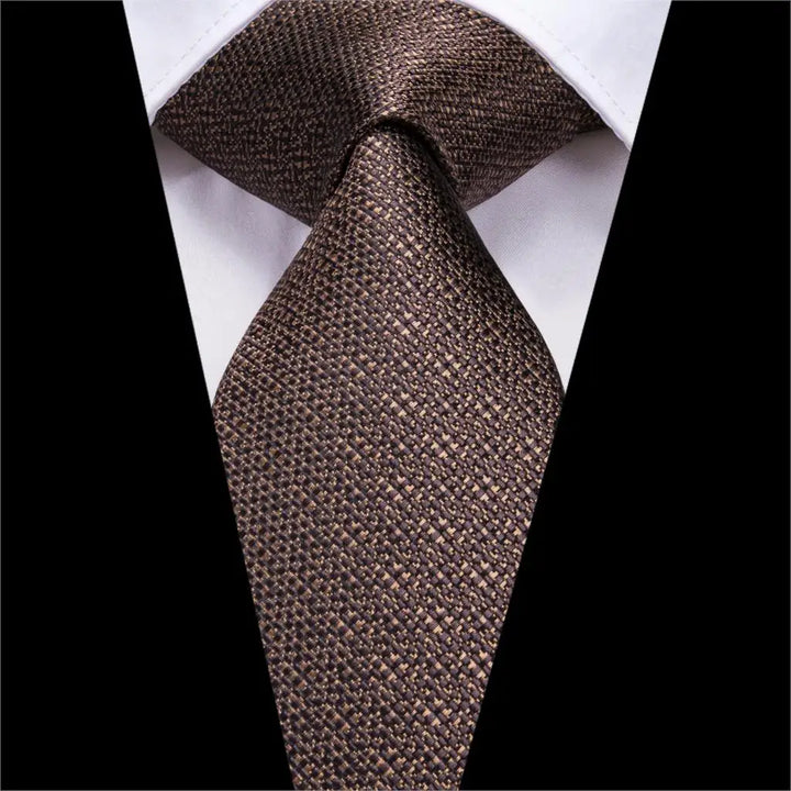 Elegant Silk Brown Necktie Set with Pocket Square & Cufflinks