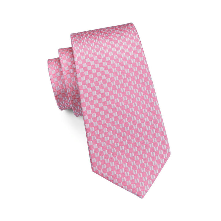 Pink and White Plaid Silk Tie Set – Men's Formal Wedding Tie, Hanky, Cufflinks