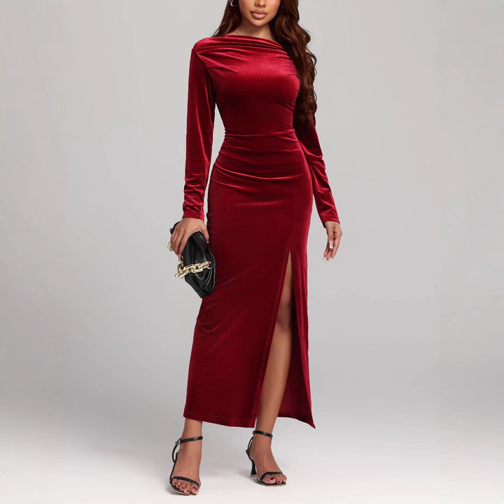 Women's Clothing Slit Formal Dress Pleuche Dress