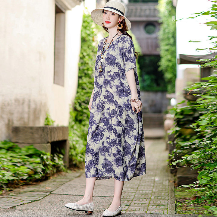 Women's Casual Versatile Cotton And Linen Floral Dress