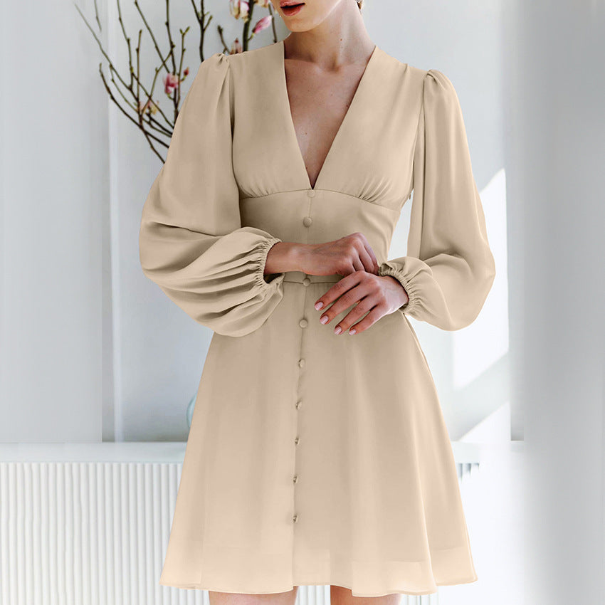 French Chiffon V-neck Long-sleeve Dress Autumn Fashion Khaki Tight Waist A- Line