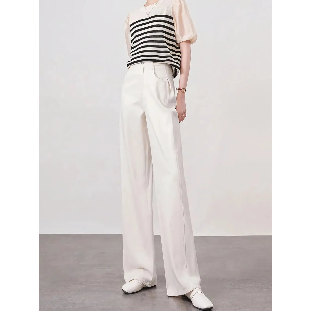 High Waist Loose Fit Wide Leg White Denim Pants for Women