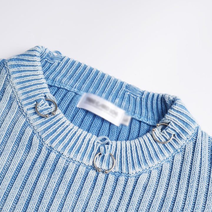 Idle Style Sunken Stripe Make Old Ripped Round Neck Sweater