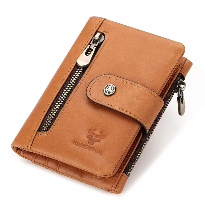 Genuine Leather Slim Wallet with Zipper Coin Pocket